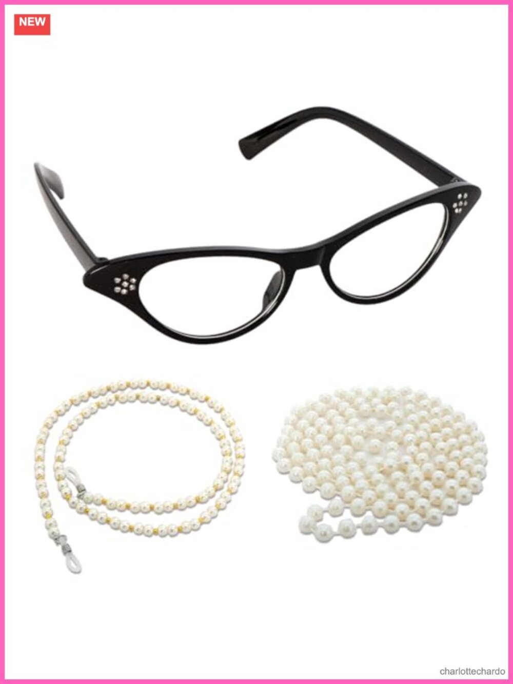 Old Lady Costume Accessories Set Faux Pearl Necklace Glasses Chain Dress Up